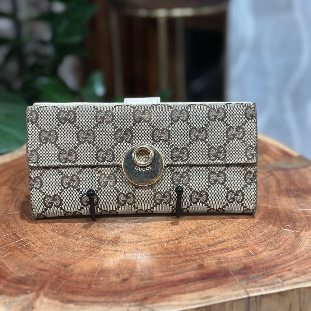 Gucci Brown GG Supreme Canvas Wallet with Gold-Tone Snap Vintage - Picture 5 of 12